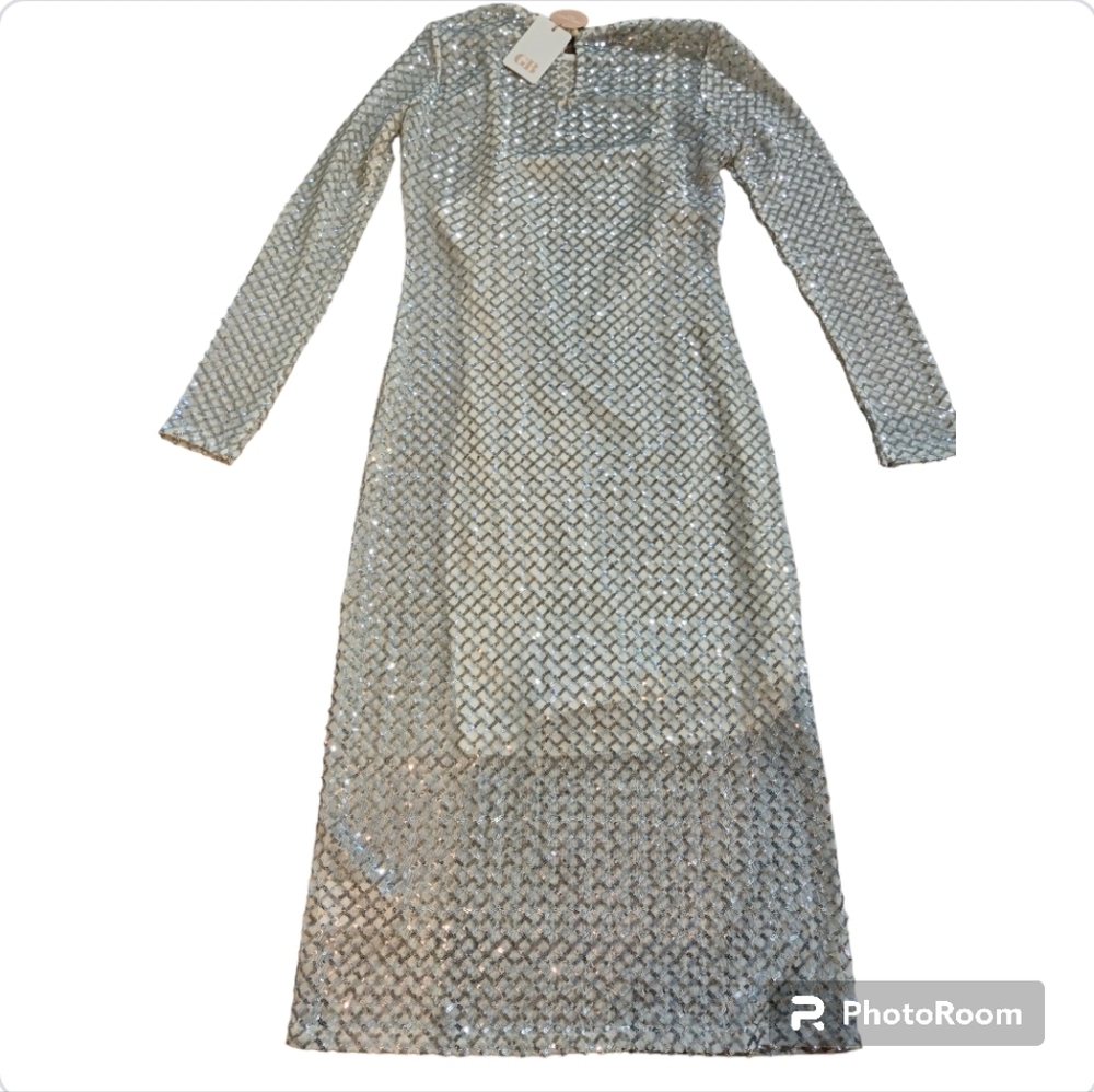 Gianni Bini Silver Sequin Mesh Lattice Long Sleeve Midi Dress Size L NWT - Picture 6 of 12